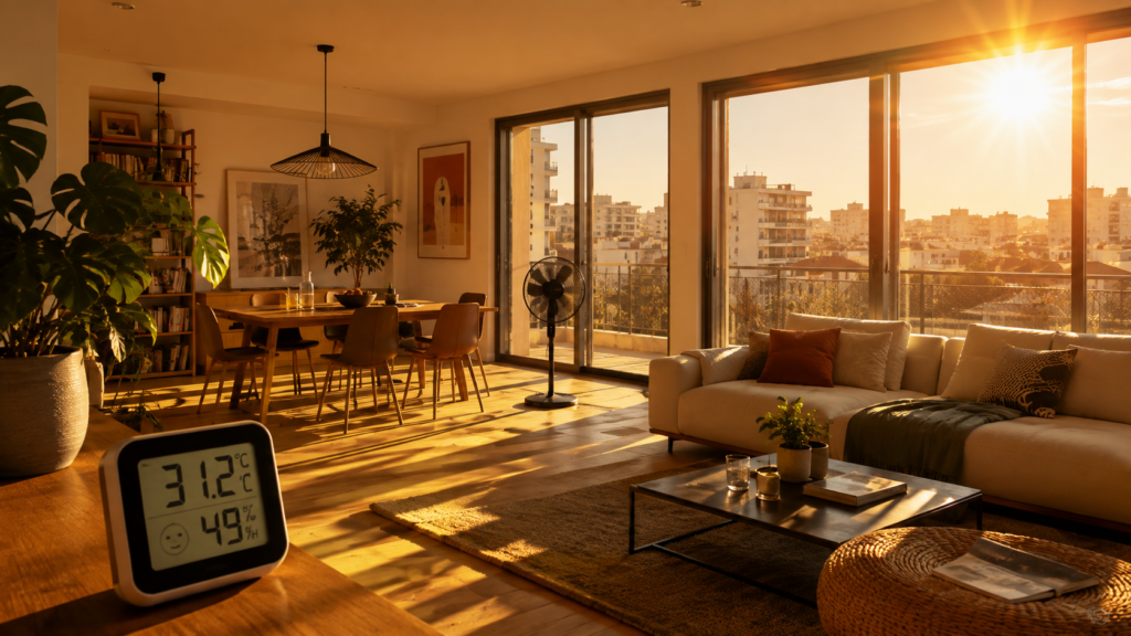 Appartement très exposé au soleil avec grandes baies vitrées, ventilateur et thermomètre affichant 31,2 °C, illustrant les causes de la surchauffe d’un logement.