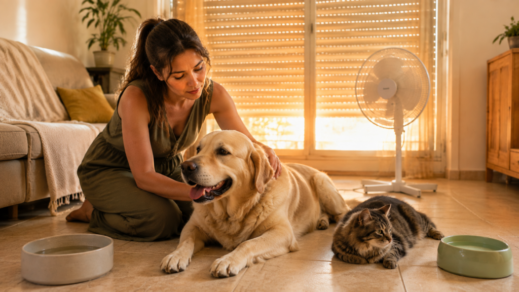 Une jeune femme veille sur un golden retriever et un chat pendant une période de forte chaleur.
