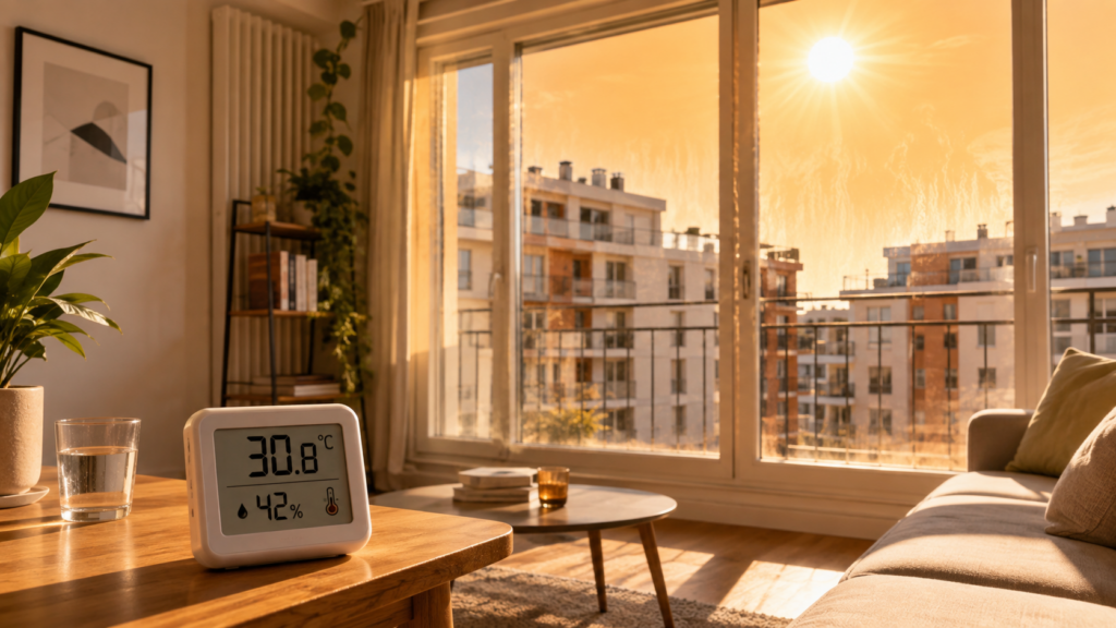 Salon très exposé au soleil avec de grandes baies vitrées et un thermomètre affichant 30,8 °C, illustrant la surchauffe d’un logement.