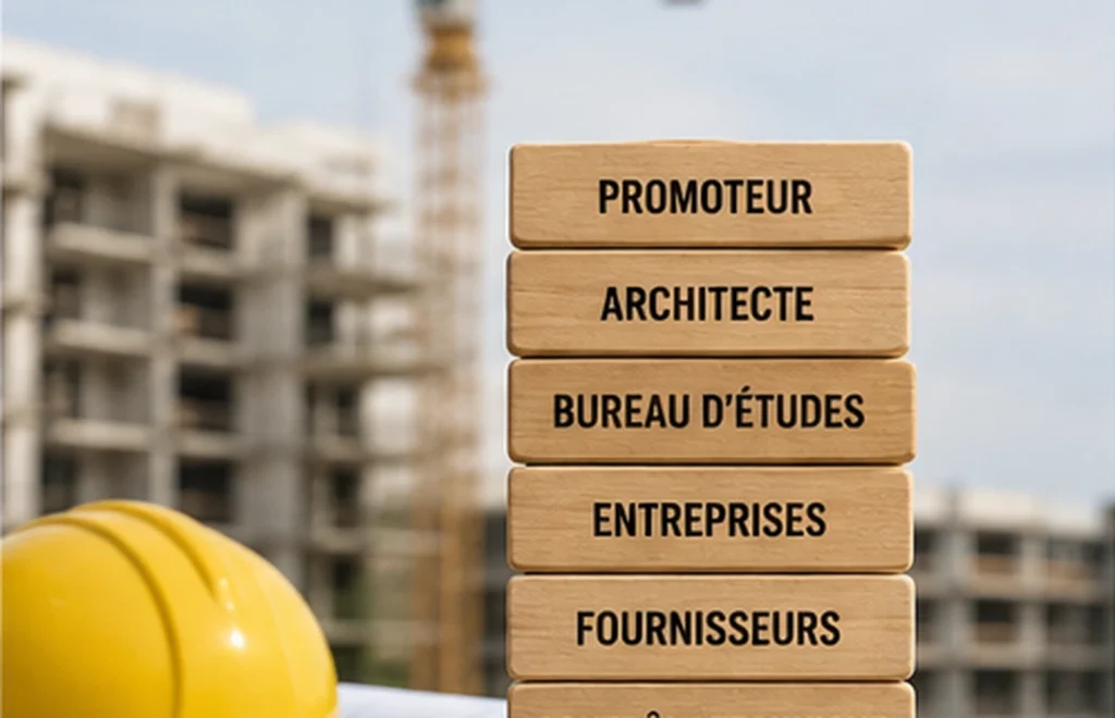 Dossier de construction illustrant la chaîne des responsabilités entre promoteur, architecte, entreprises et assureurs