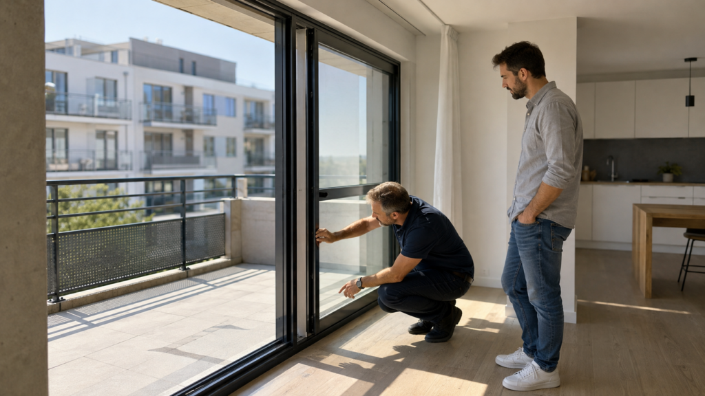 Expert examinant les menuiseries d’un logement neuf fortement exposé au soleil