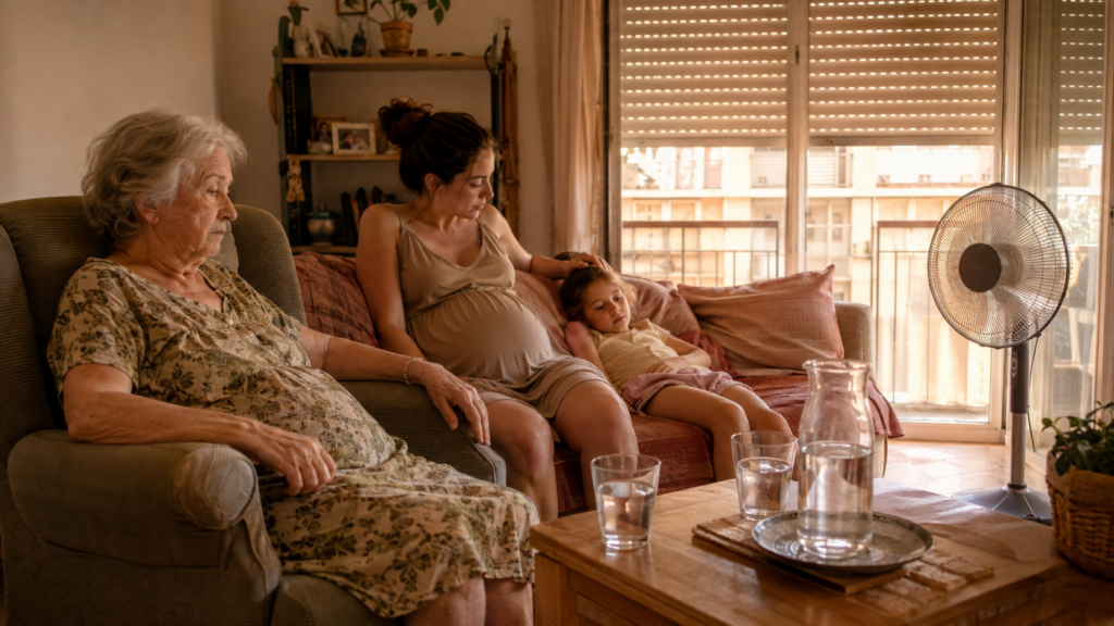 Une personne âgée, une femme enceinte et une enfant réunies dans un logement surchauffé.