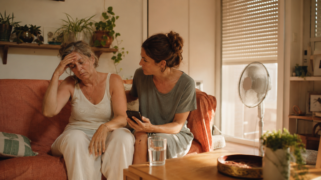 Une femme éprouvée par la chaleur dans un logement surchauffé, soutenue par une proche tenant un téléphone.