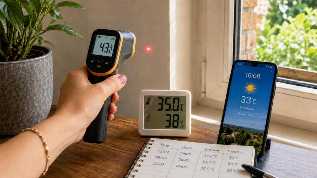 Mesure de la surchauffe d’un logement avec thermomètre d’ambiance à 35 °C, thermomètre infrarouge à 43,2 °C et relevés de température.