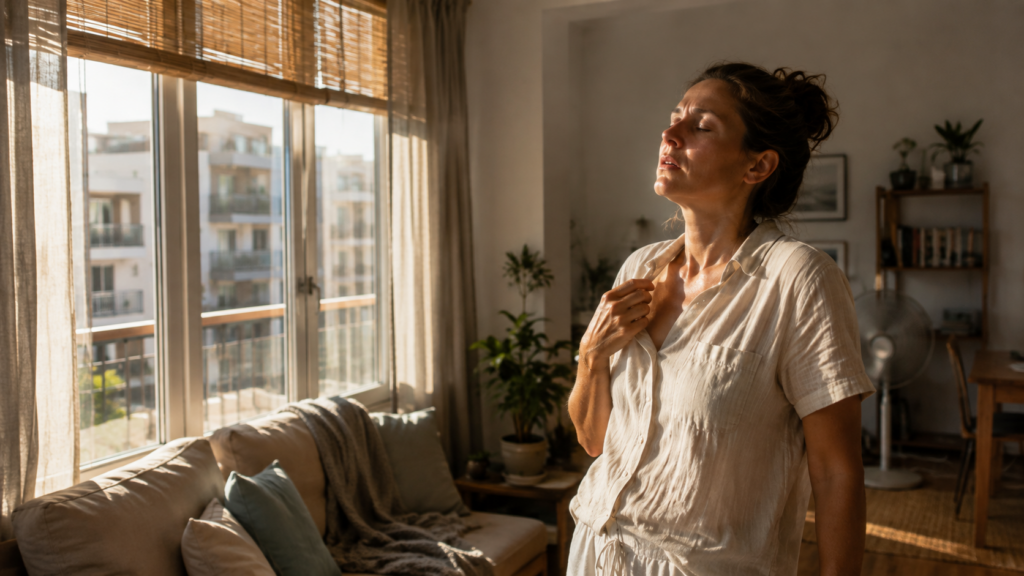 Femme confrontée à une forte chaleur dans un logement exposé au soleil en été